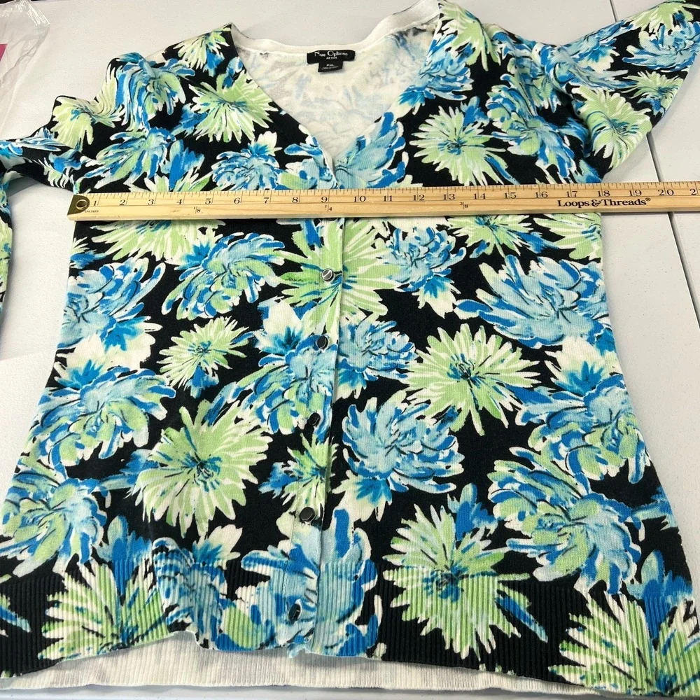 Nue Options Cardigan Sweater Womens PXL Blue Green Floral V‎ Neck Classic